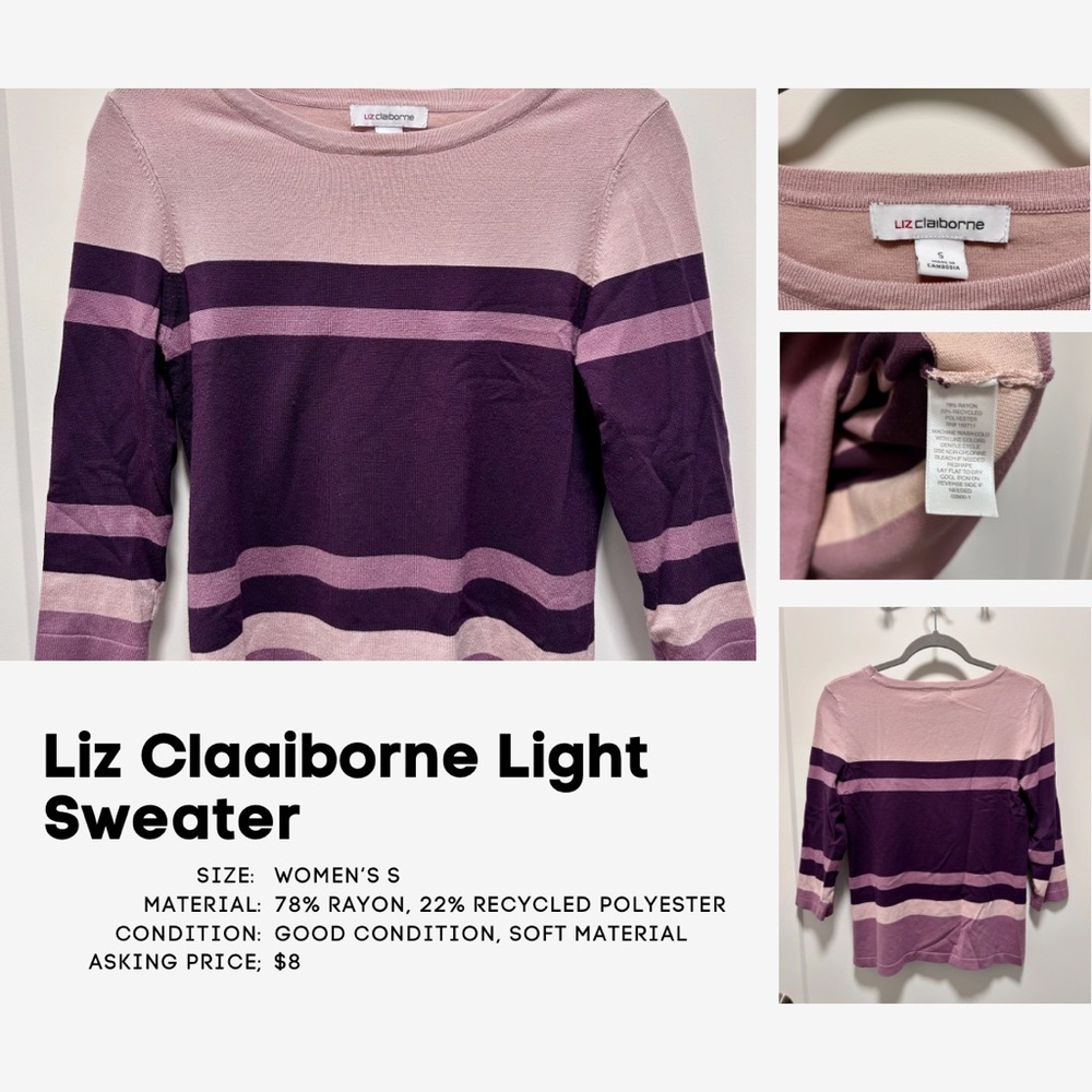 Liz Claiborne Dusty Pink and Deep Purple Striped Crewneck Sweater